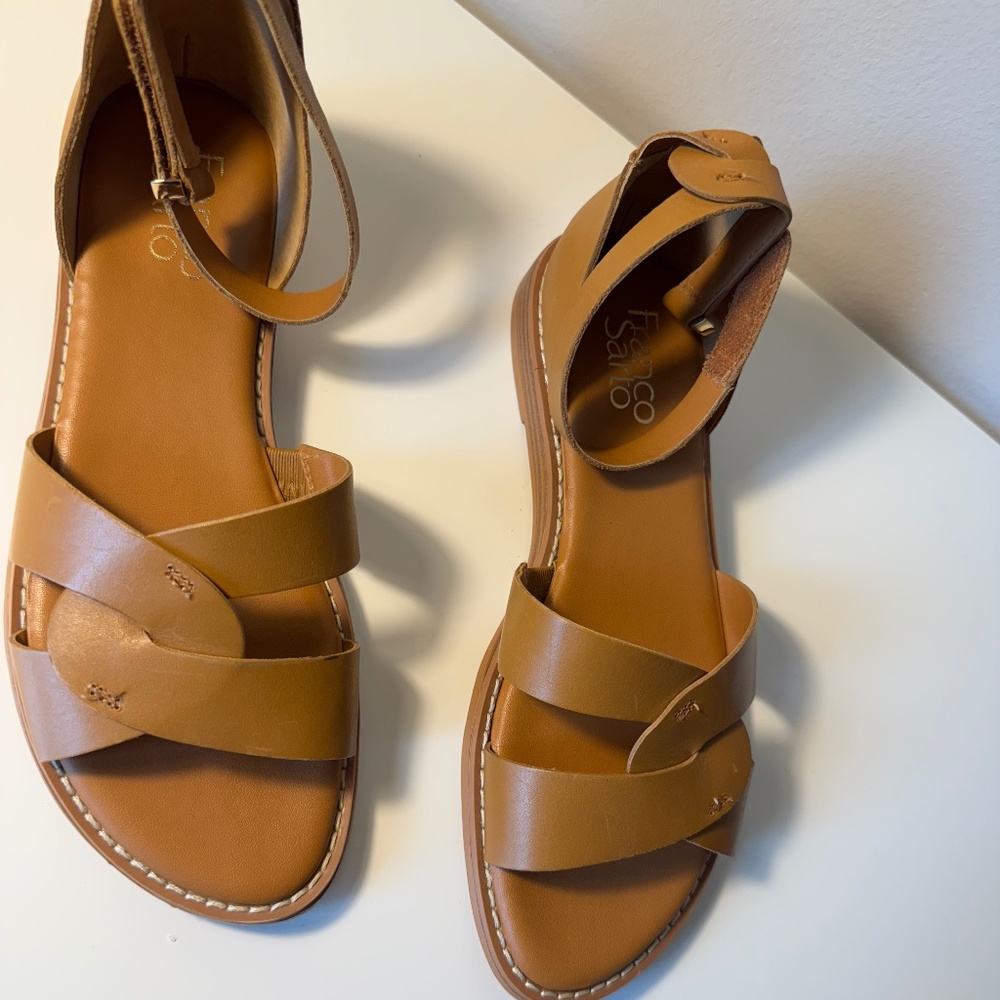 Franco Sarto Women’s Ankle Strap Leather Sandals - Gloria Tan Size 6.5M